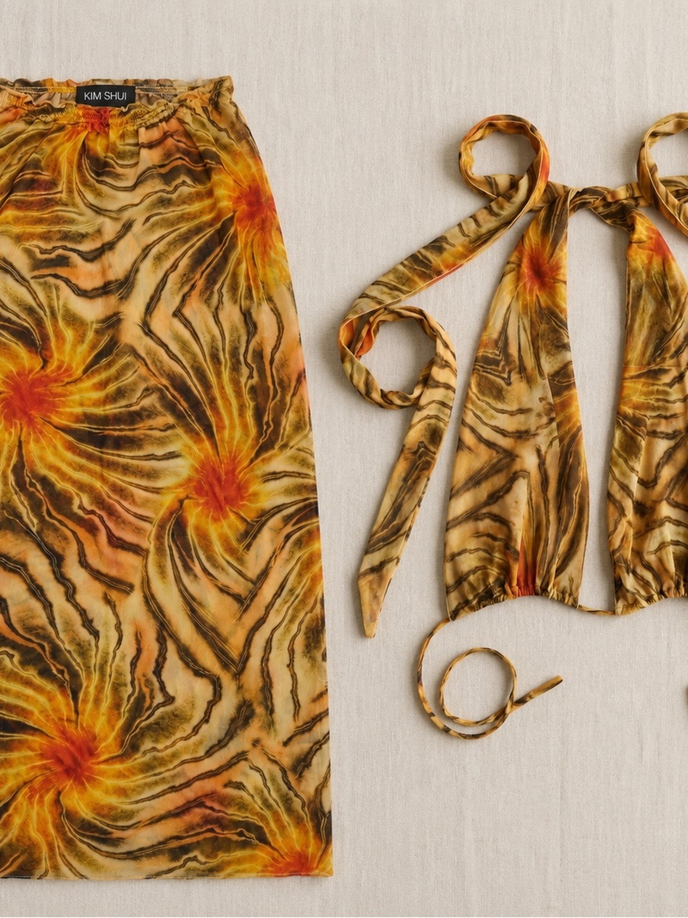 Kim Shui Mesh Matching Set.Sunset Abstract Print Maxi Skirt & Multi-Way Wrap Top
